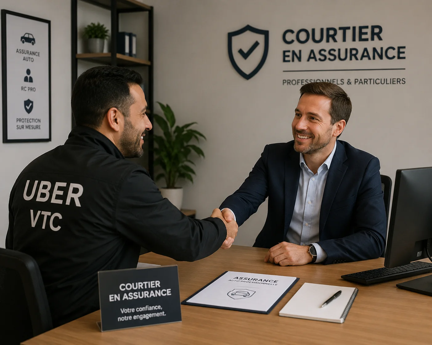 Chauffeur VTC échangeant avec un courtier spécialisé devant un comparateur d'assureurs