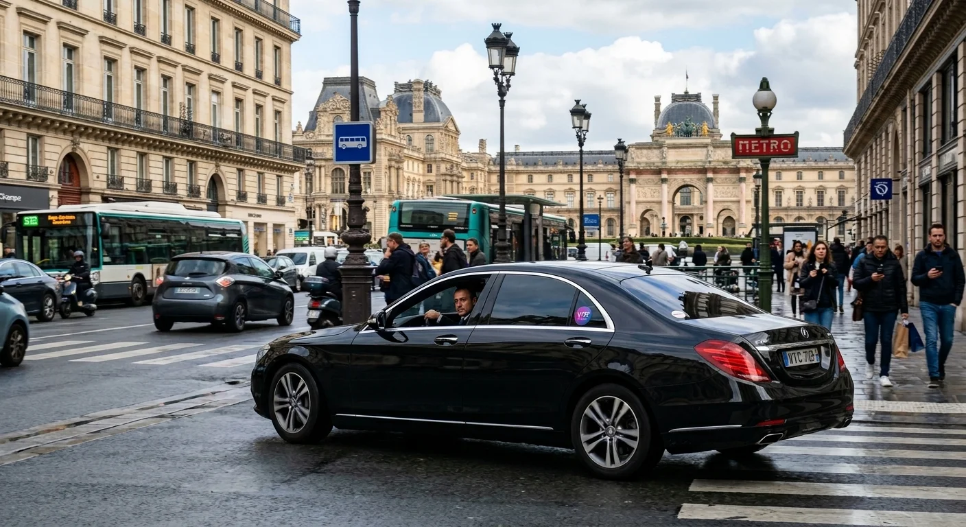Assurance VTC Paris : chauffeur au volant d'une berline premium devant la Tour Eiffel au coucher du soleil