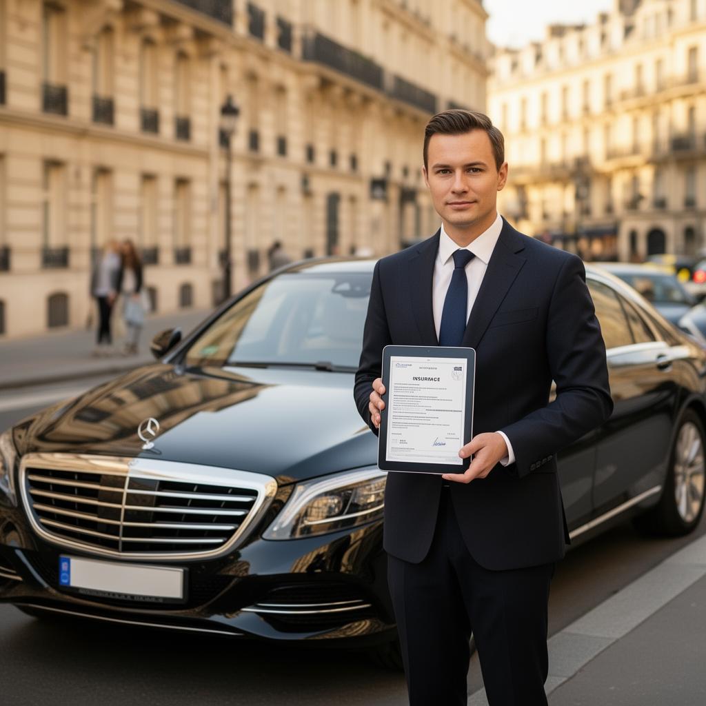 Chauffeur VTC souriant tenant une attestation d'assurance à titre onéreux