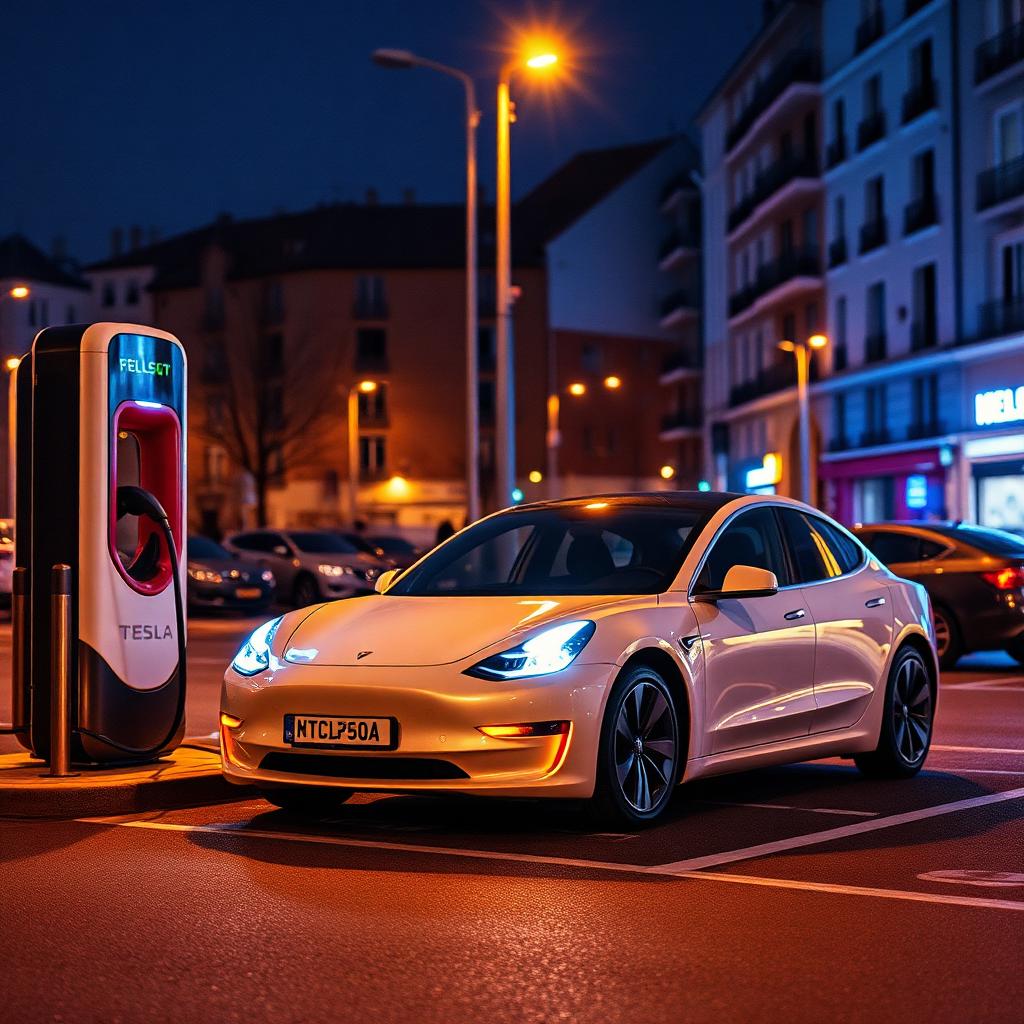 Tesla utilisée comme VTC en recharge sur une borne électrique en ville