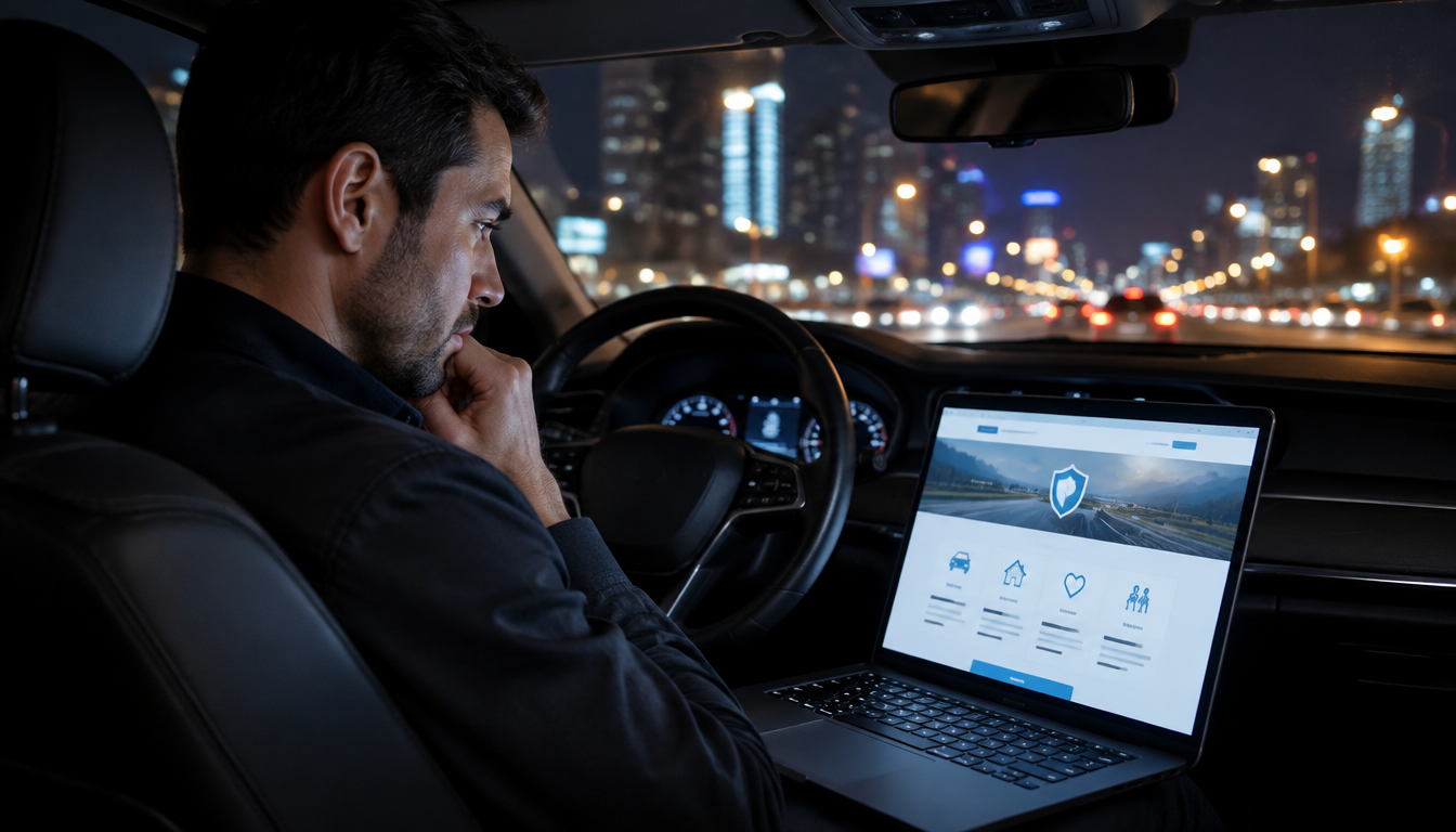 Chauffeur VTC consultant un contrat d'assurance en ligne sur son ordinateur, de nuit dans sa berline