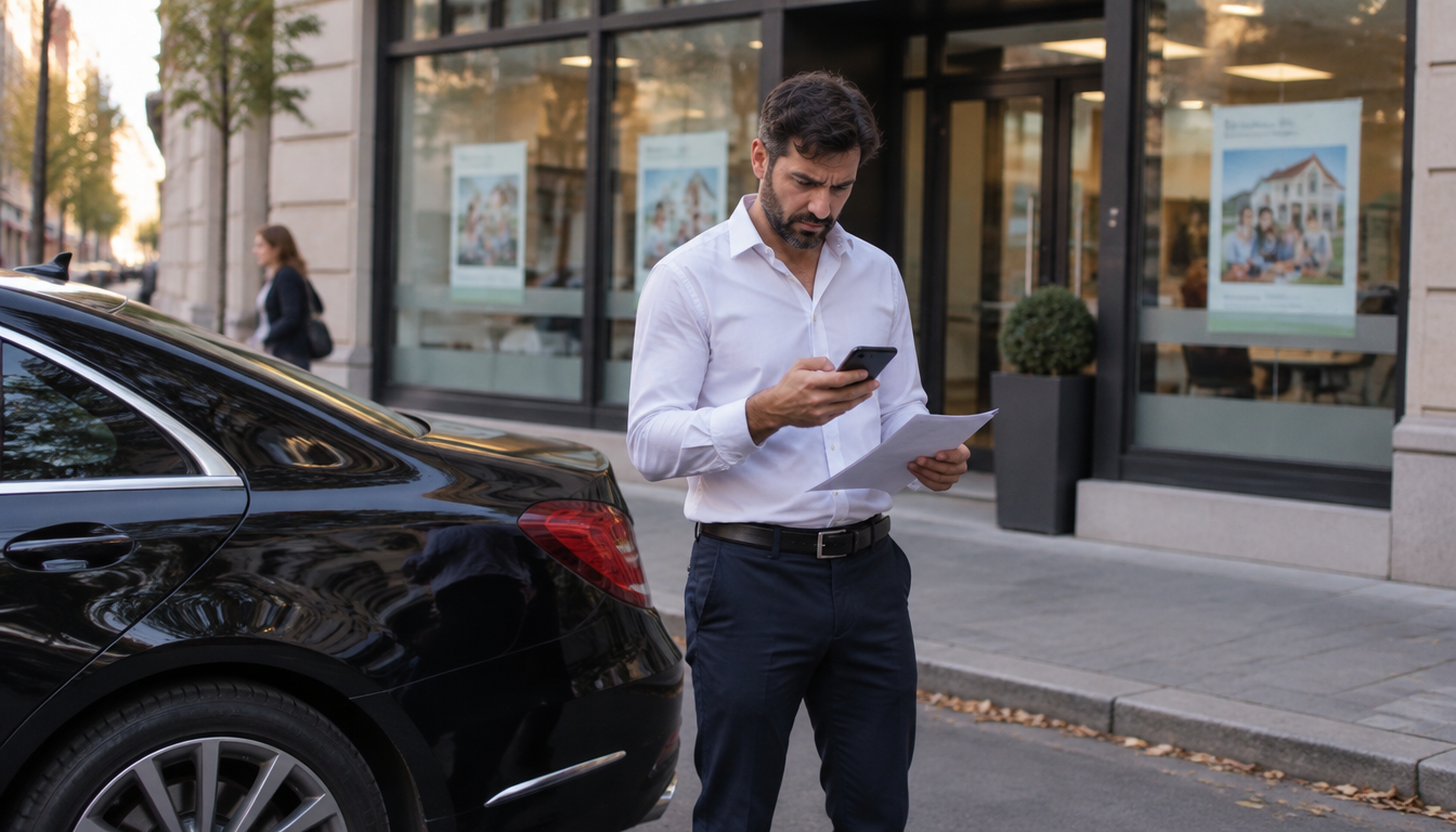 Chauffeur VTC devant une agence d'assurance mutualiste, attestation à la main