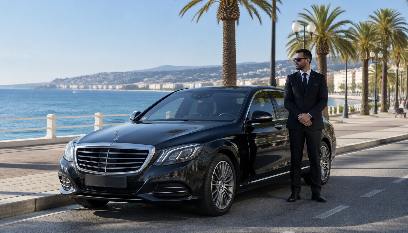 Chauffeur VTC à côté de sa berline noire sur la Promenade des Anglais à Nice