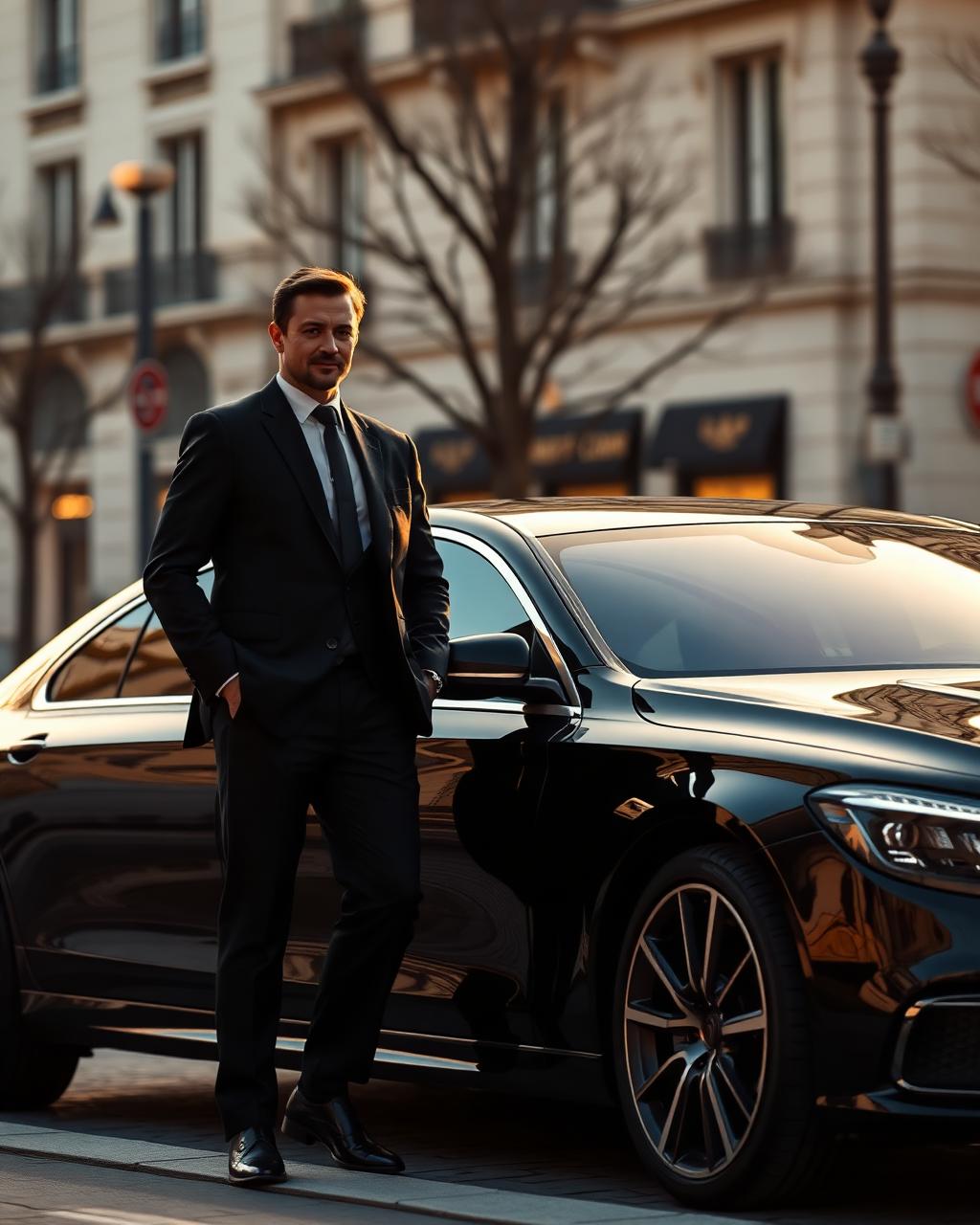 Chauffeur VTC professionnel à côté d'une berline noire haut de gamme