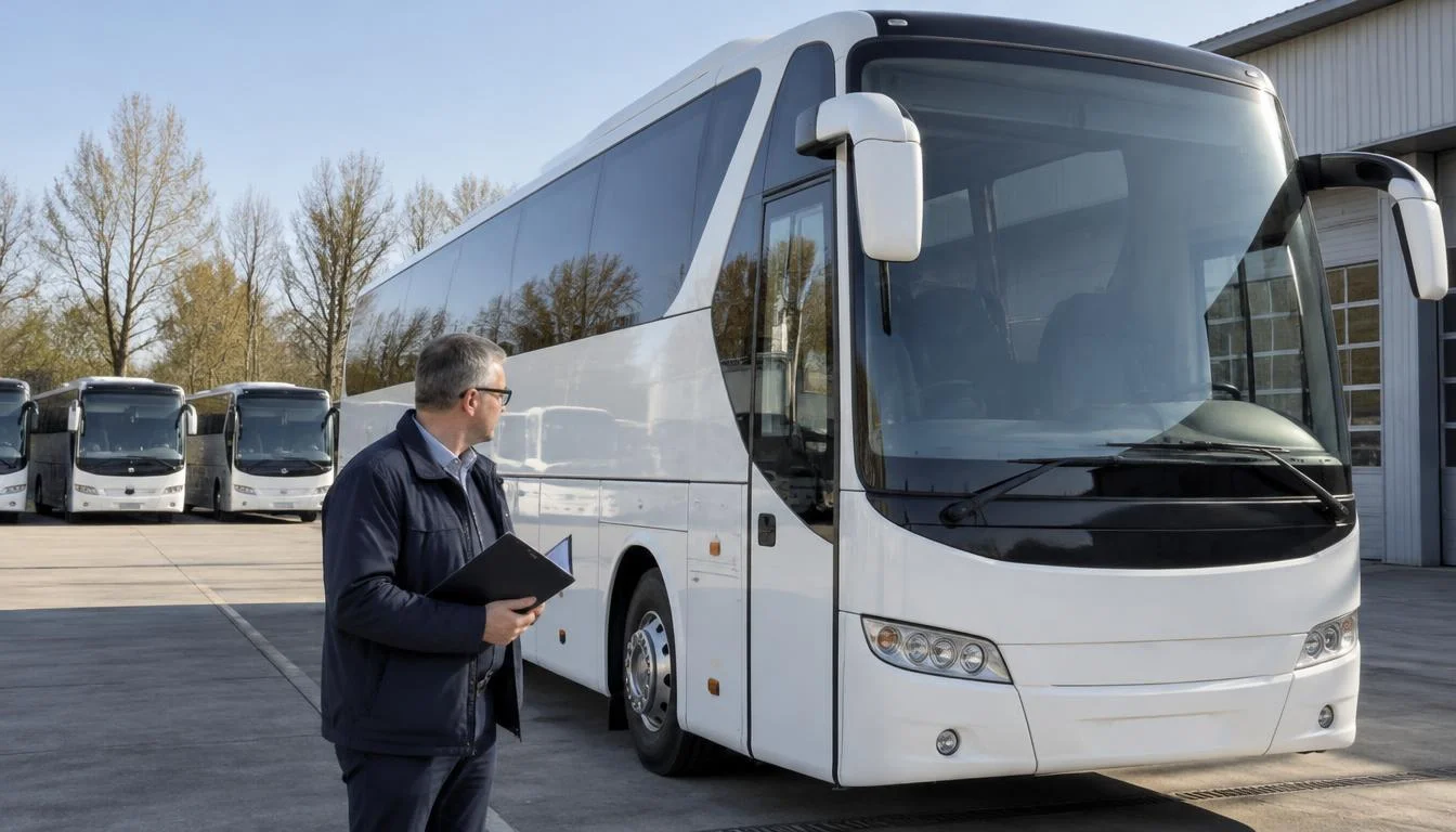 Responsable de flotte devant un autocar à l'arrêt dans un dépôt, dossier d'assurance en main