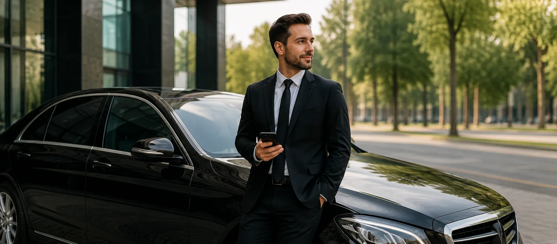 Chauffeur VTC en costume devant une berline noire — portage salarial Stairling