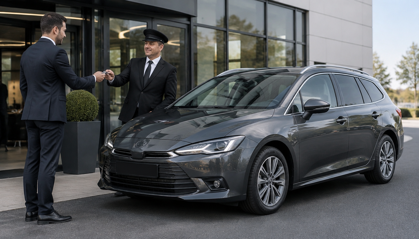 Chauffeur VTC récupérant les clés d'une voiture hybride de location devant une agence en Seine-Saint-Denis