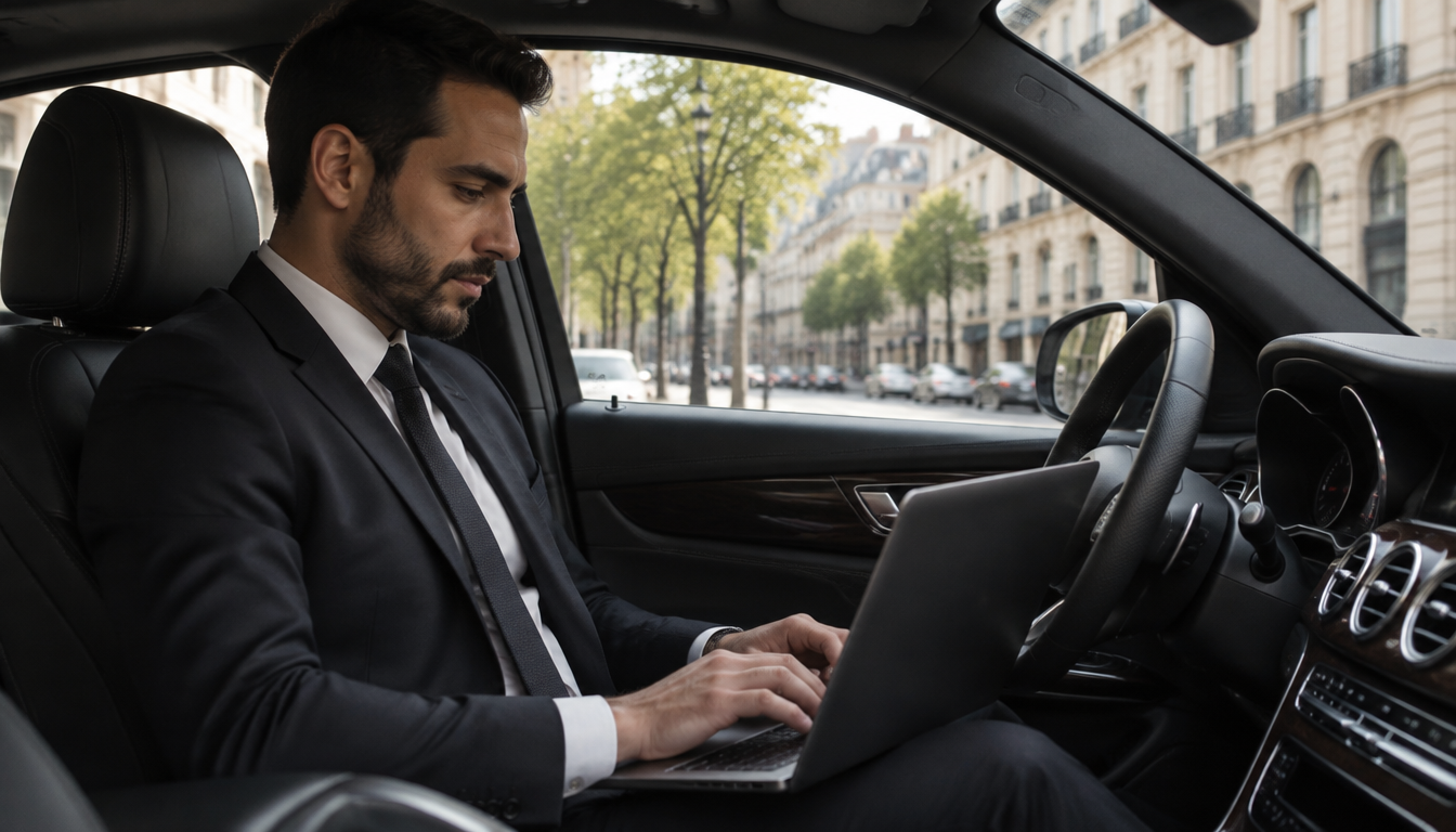 Chauffeur VTC vérifiant sa déclaration d'activité et son code APE sur un ordinateur portable dans sa berline