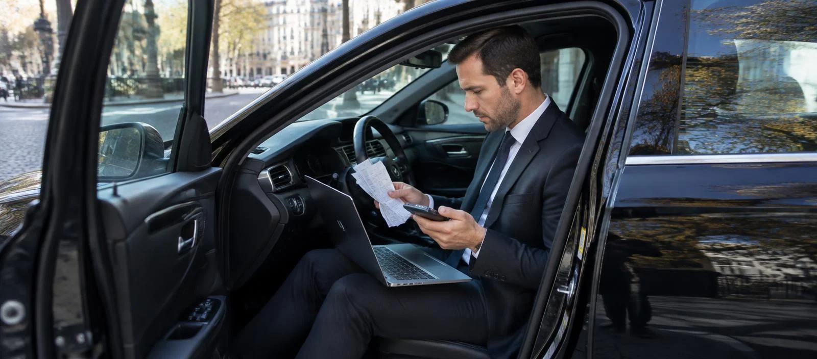 Chauffeur VTC vérifiant ses reçus et sa comptabilité sur un ordinateur portable dans sa berline