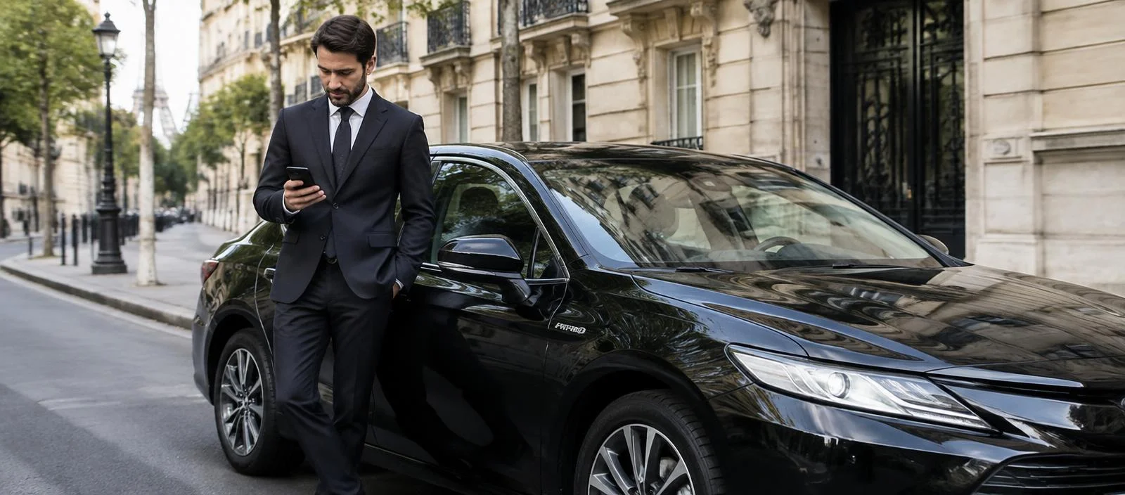 Chauffeur VTC vérifiant sur son smartphone l'éligibilité de sa berline hybride noire sur Uber