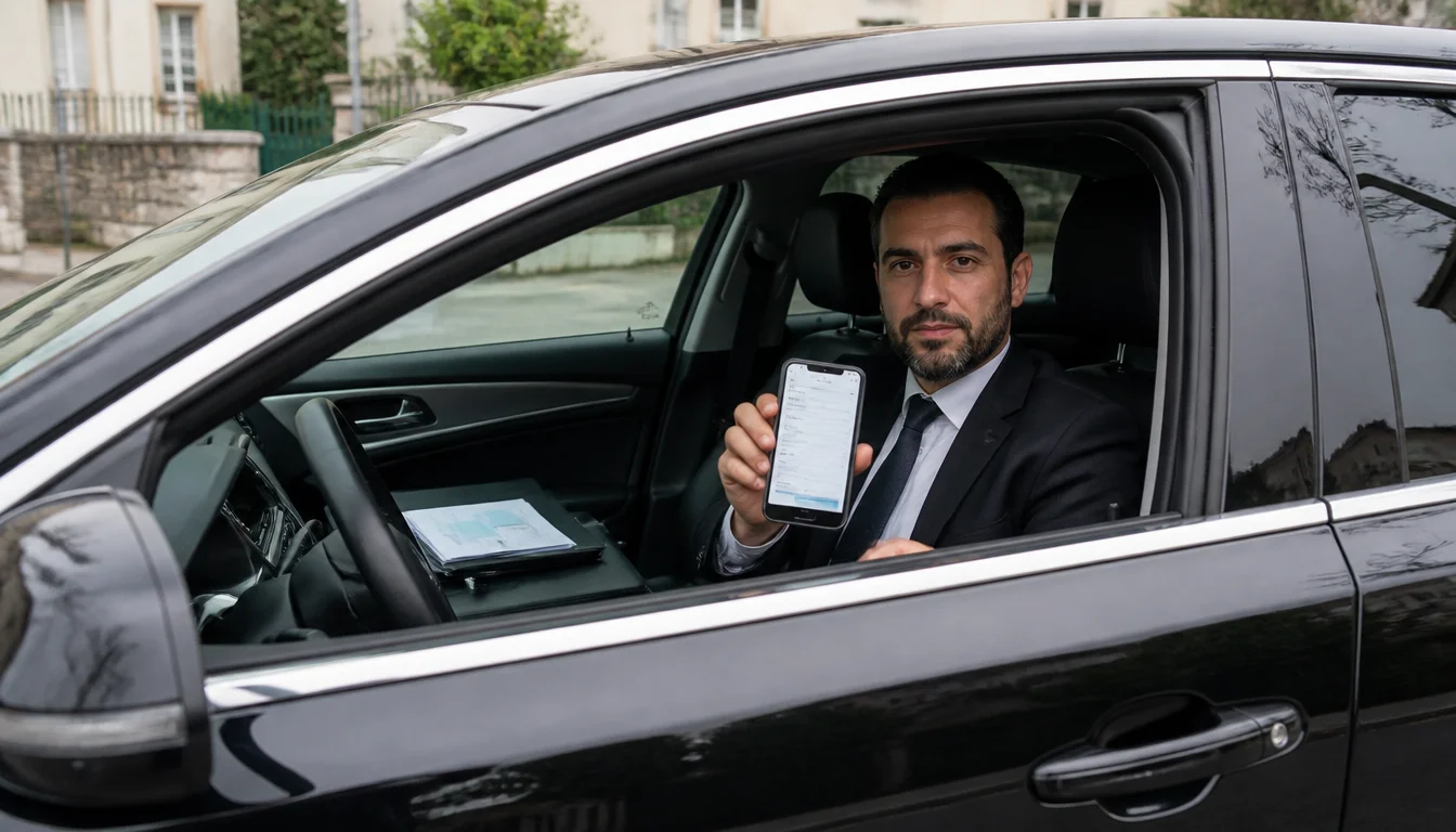 Chauffeur VTC au volant consultant un tarif d'assurance sur son téléphone, dossier de pièces sur le siège passager — courtage assurance VTC en Île-de-France