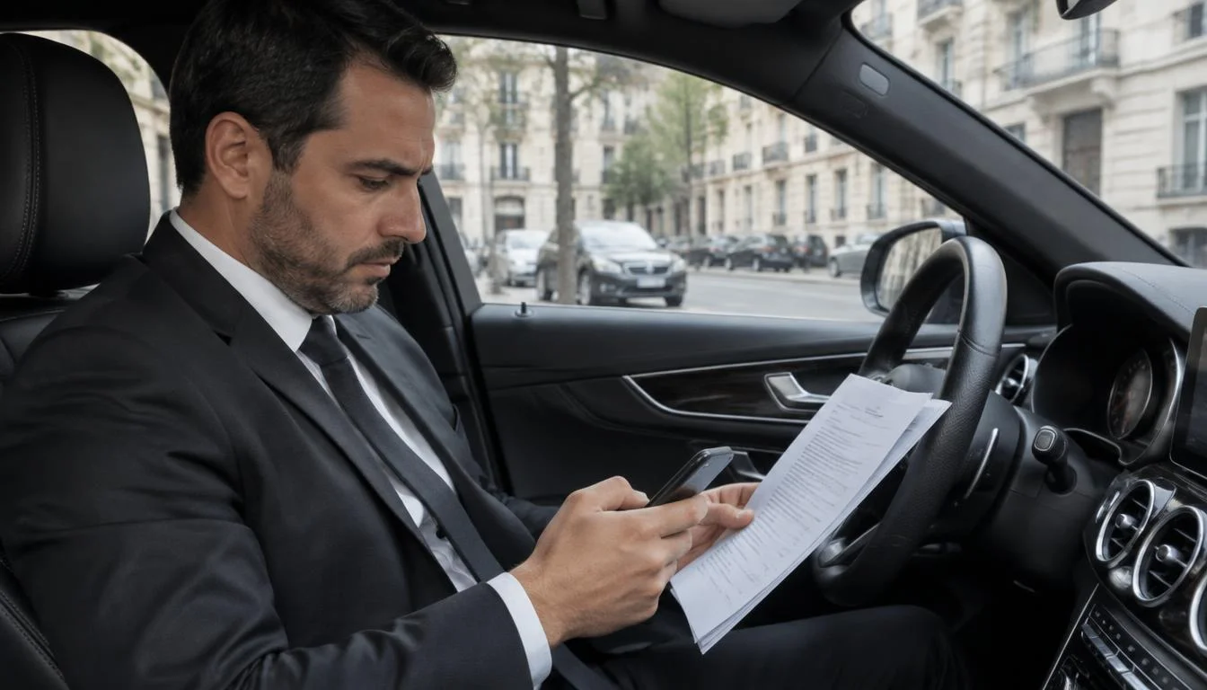 Chauffeur VTC vérifiant les documents de son assurance +Simple dans sa berline