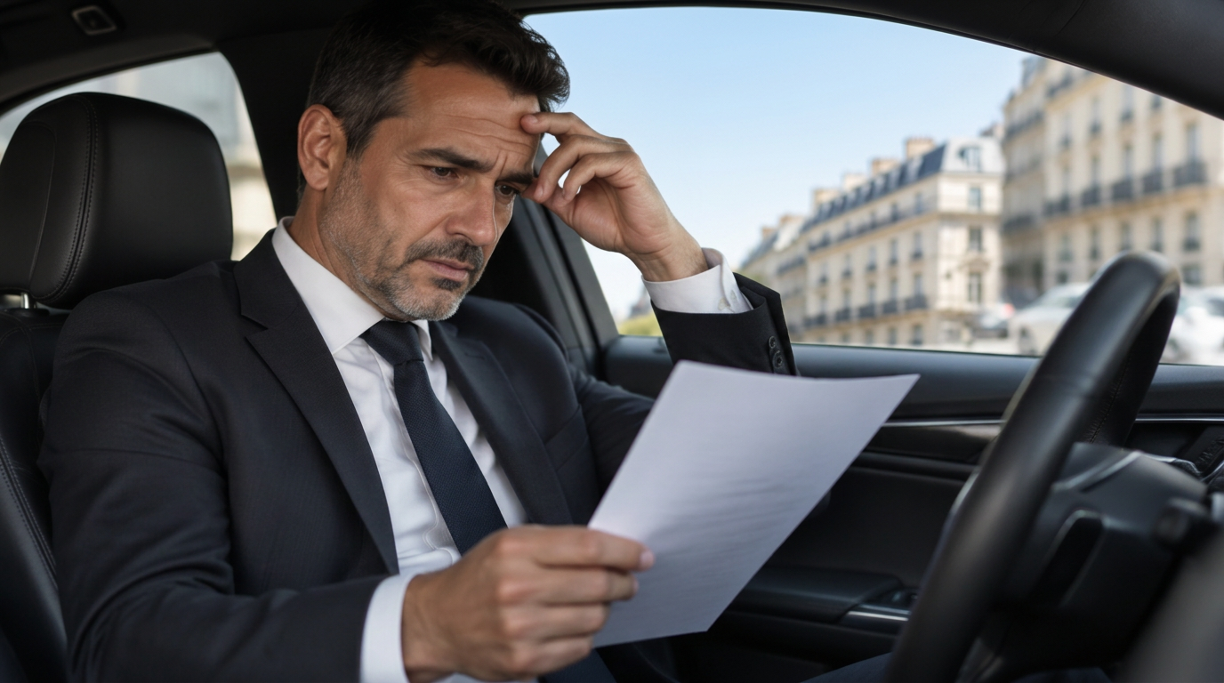 Chauffeur VTC lisant l'avis d'échéance de son assurance Solly Azar dans sa berline