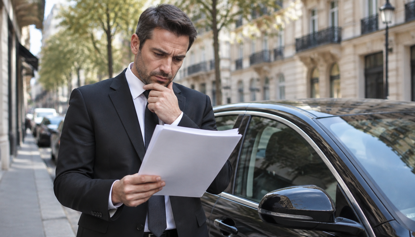 Chauffeur VTC lisant son contrat d'assurance Wakam à côté de sa berline