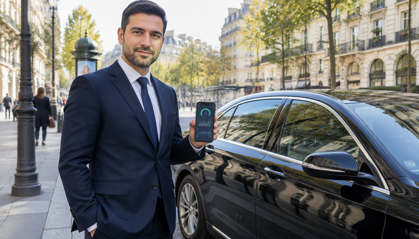 Chauffeur VTC consultant le score de conduite de son assurance Yeet devant sa berline