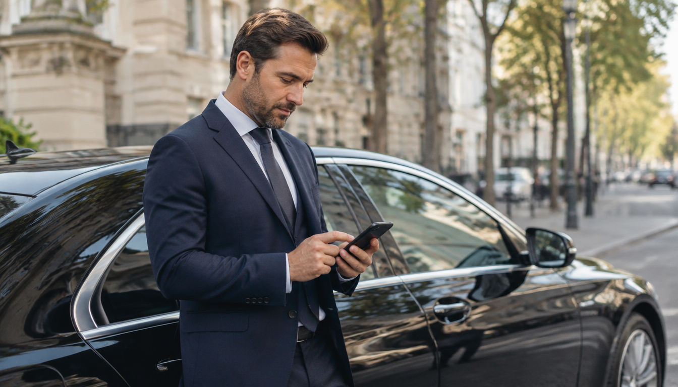 Chauffeur VTC vérifiant son assurance Zephir sur son smartphone à côté de sa berline